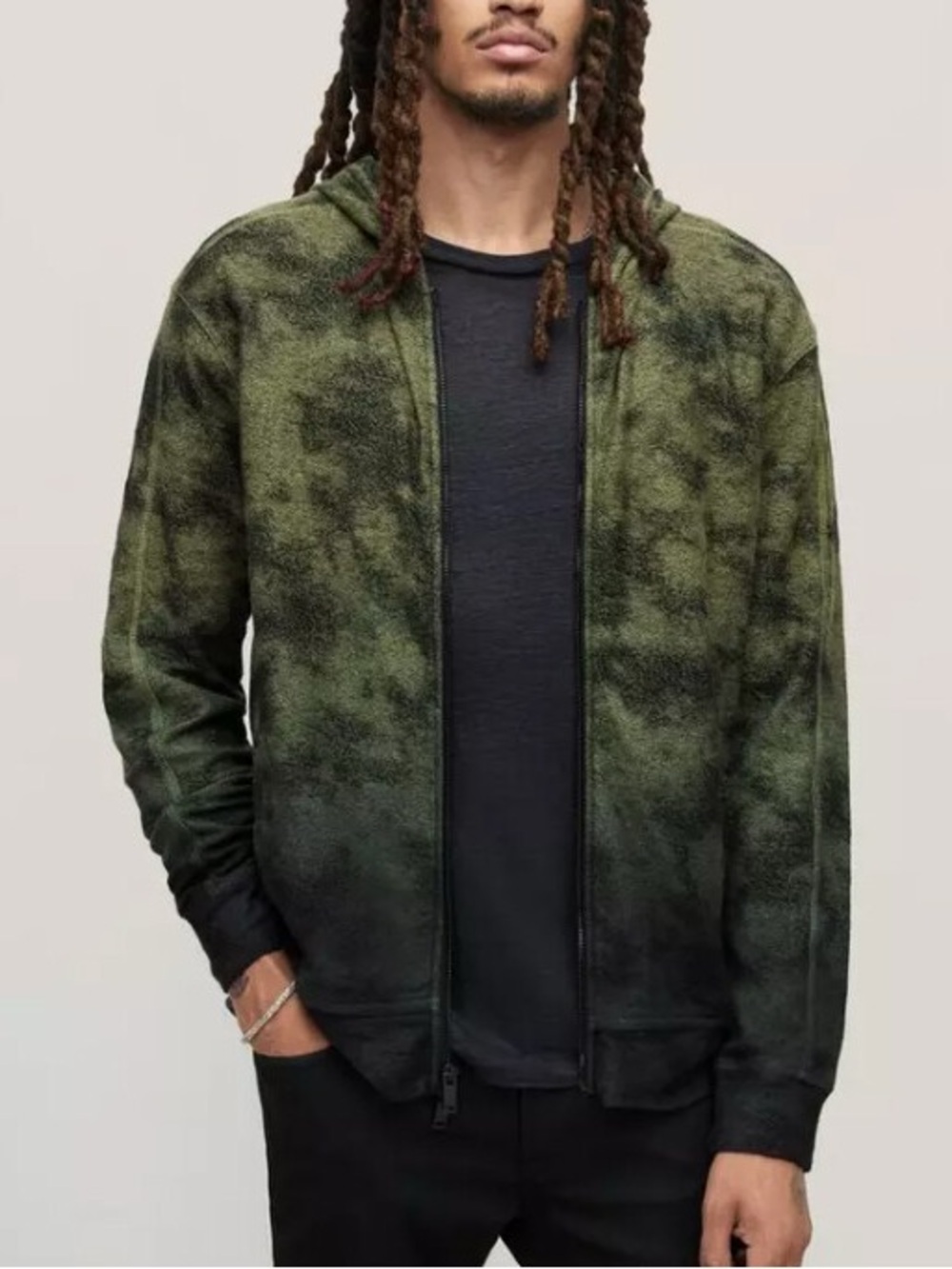John Varvatos Olive Green Zip Hoodie with Mottled Fade